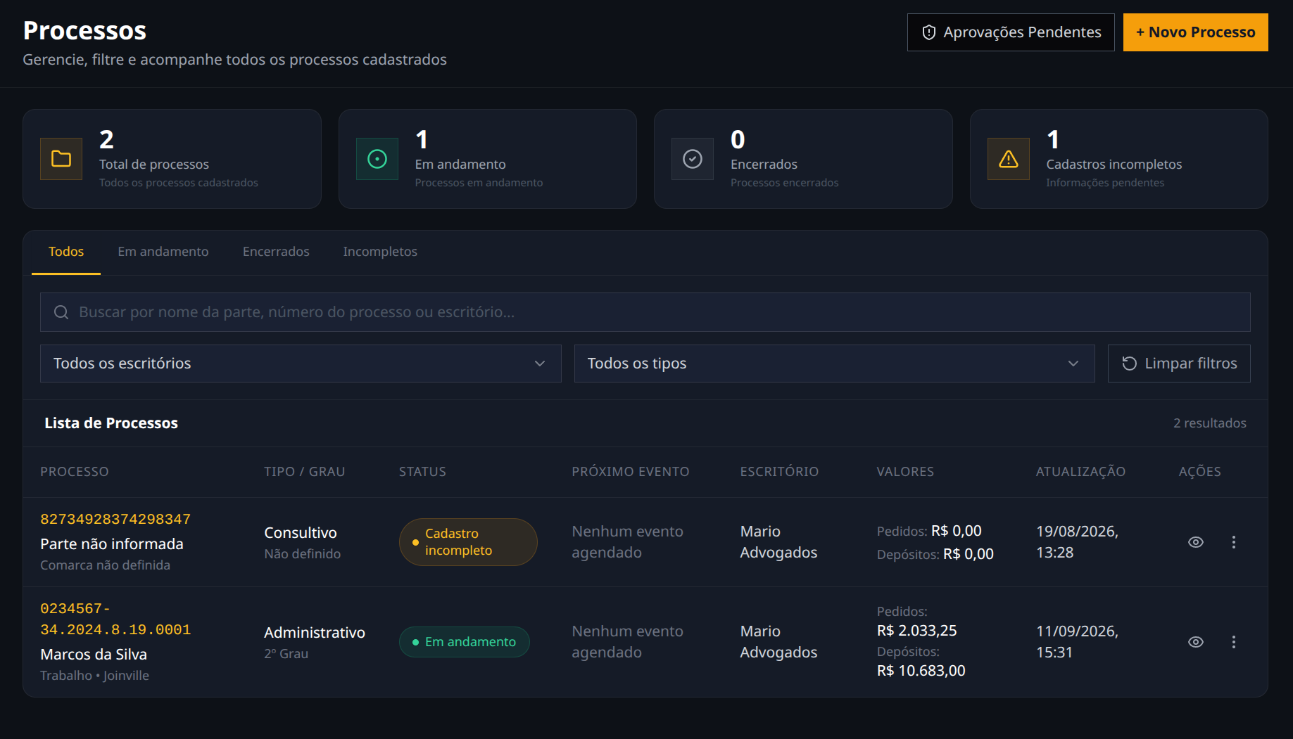 Tela Processos do JurisCorp listando todos os processos da empresa, abertos e encerrados, com tipo, status e valores